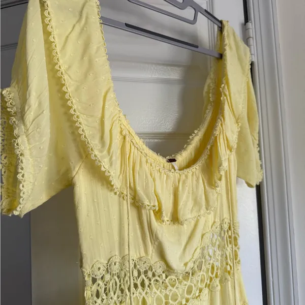 Free People Cruel Intentions Mini Dress Yellow Modal Crochet Puff Sleeve Size 4 - Image 4