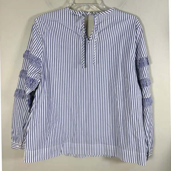 J.Crew Ruffle Stripe Blouse Womens 10 Blue‎ White Excellent Cotton Keyhole Tie - Image 2