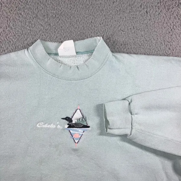 90s Artisans Cabelas Loon Embroidered Sweatshirt XL Grandmacore Mint Green USA - Image 2