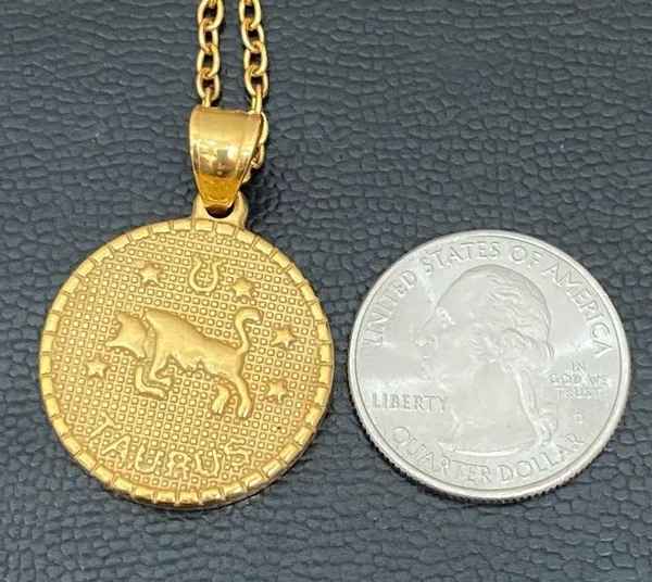 18K Gold plated Taurus Zodiac Sign Quarter Coin Pendant 20” Necklace 15.7g - Image 9