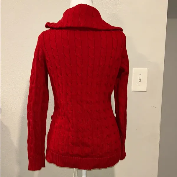Lauren Ralph Lauren Sweater Womens S Red Cable Full Zip Brass Buckles Pockets - Image 6