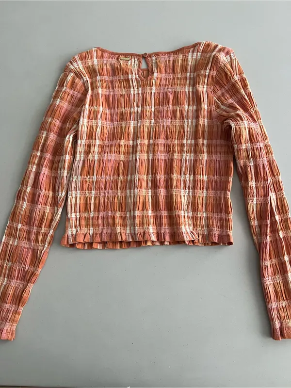 Billabong Peach & Pink plaid Long Sleeve Top M NWT fall wear - Image 2