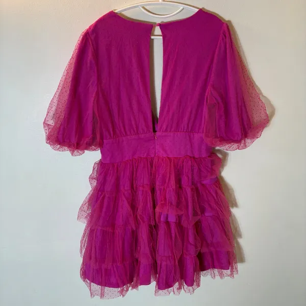 Lulus Dramatic Poise Magenta Pink Dot Tulle Puff Sleeve Tiered Mini Dress Size L - Image 9