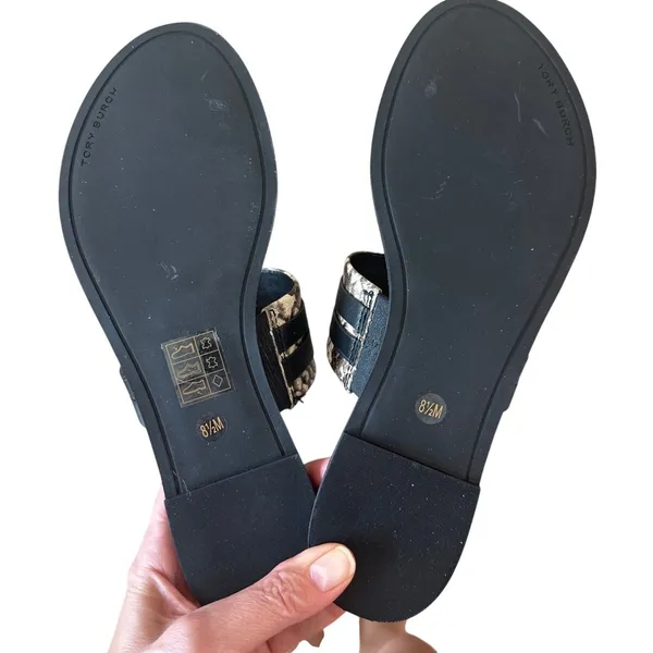 Tory Burch Leigh Thong Sandals 8.5‎ Roccia Snakeskin Black Logo - Image 6