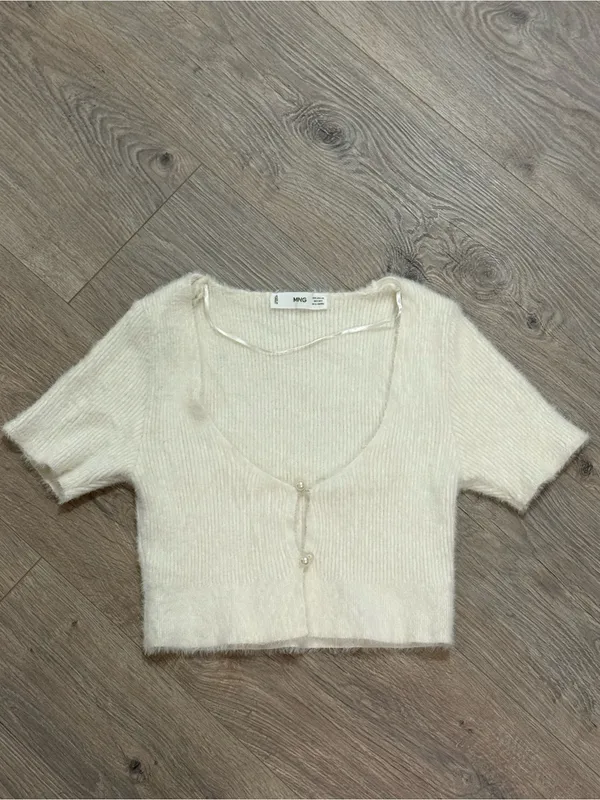 MNG Mango Cream Fuzzy Cropped Cardigan with Pearl Buttons Size XS - Image 2