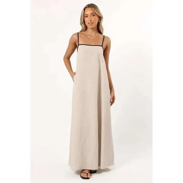 MVN Elliana Maxi Dress Beige Black Trim Linen Blend Relaxed Small - Image 4