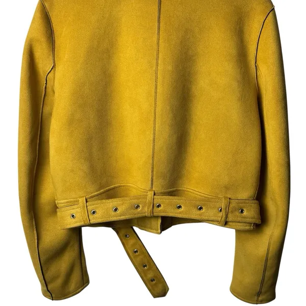 Zara Faux Suede Mustard Yellow Moto Jacket Belted Biker Zip Fall Grunge M - Image 7