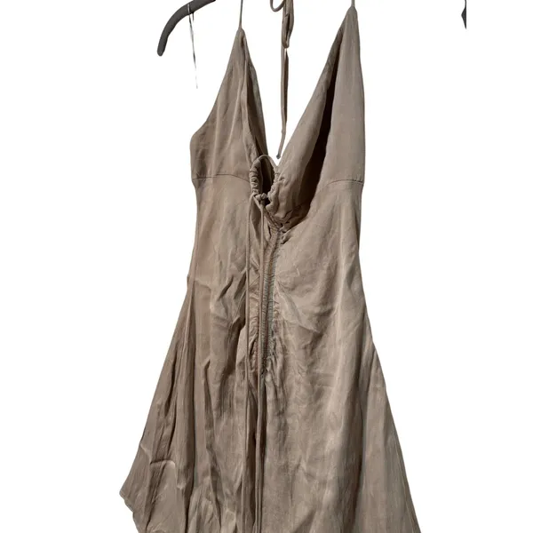 Zara Taupe Halter Mini Dress Womens XS Open Back Ruched Tie A Line Made Turkey - Image 4