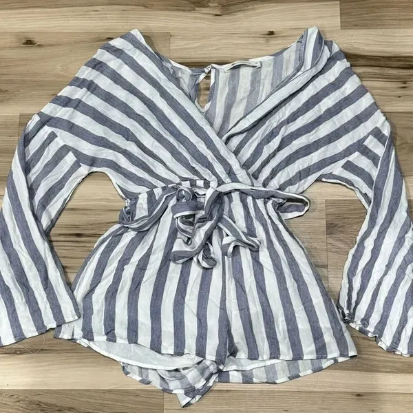 The Impeccable Pig Blue White Striped Romper Women’s Medium - Image 4