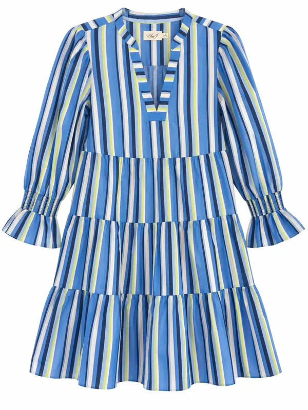 Eliza J Tiered Three Quarter Sleeve Dress Womens 8 Blue Excellent Striped V-Neck - Image 2