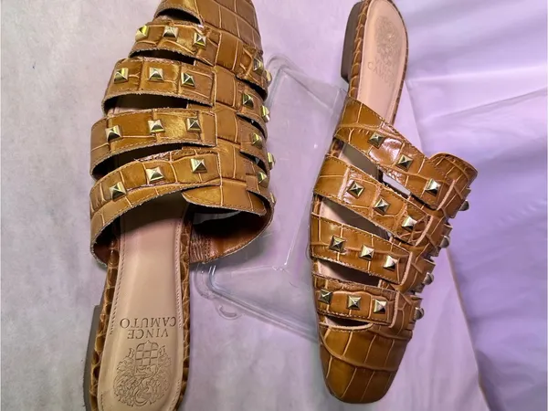 Vince Camuto Cognac Braided Leather Slide Mules with Gold Studs - Image 2