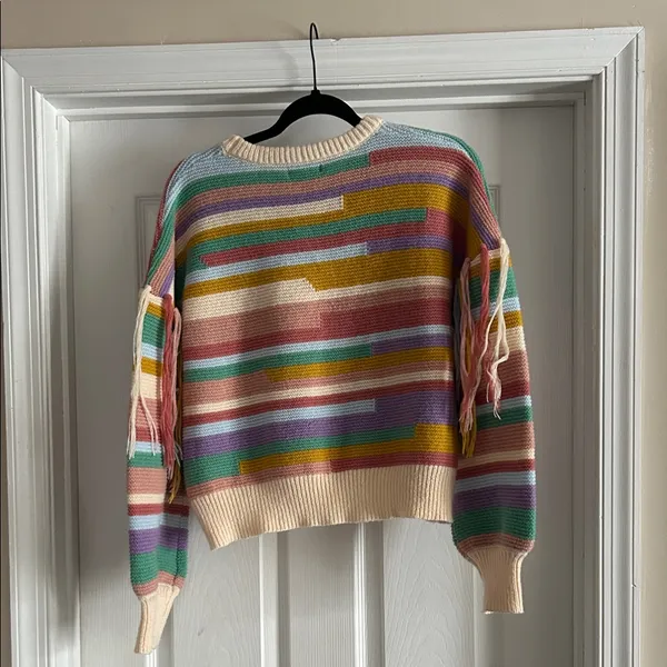 Multicolor Striped Fringe Crewneck Sweater - Women - Image 6