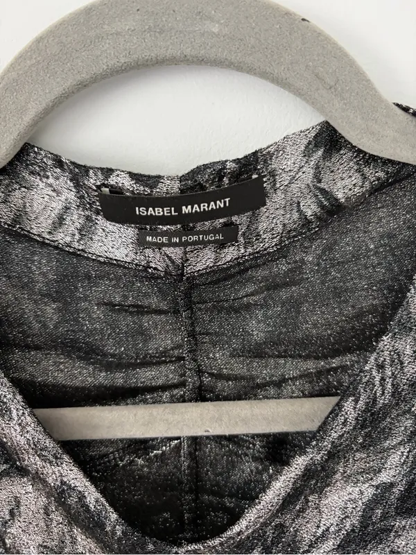Isabel Marant Diego Floral Ruched Print Stretch Silk Blend Silver Black Top 36 - Image 3