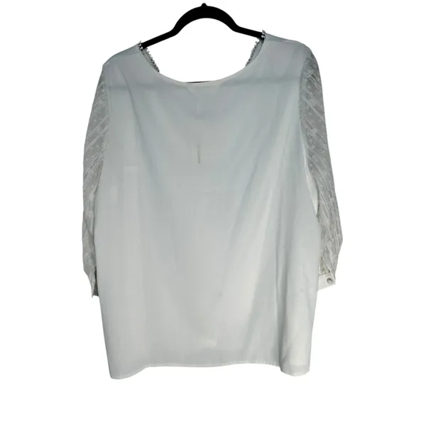 Agnes Orinda White V Neck Button Front Blouse Sheer Lace Sleeve Top Plus Size 1X - Image 6