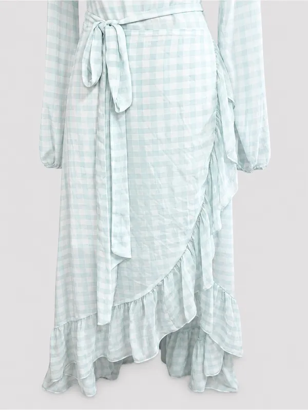 WAYF Blue White Gingham Wrap Ruffle Hi Low Midi Dress NWT M Cottagecore - Image 6
