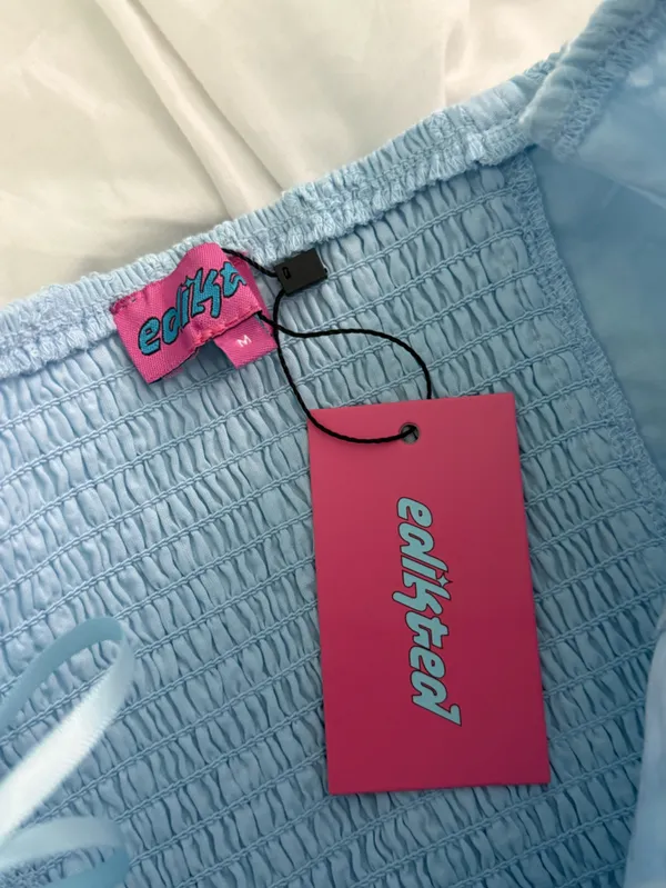 Edikted Liora Lacey Cotton Mini Dress in Light Blue - Image 4