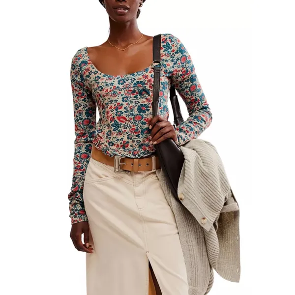 Free People sz M Ruffle Paisley Melanie Scoop Top Blouse Boho Feminine Cottage - Image 7