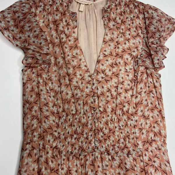 REBECCA TAYLOR Lucia Pink Floral Gold Metallic Dress Size 4 - Image 5