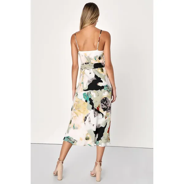NWT Lulus Inspired Aura White Multi Abstract Print Cowl Midi Dress Gala Size S - Image 3