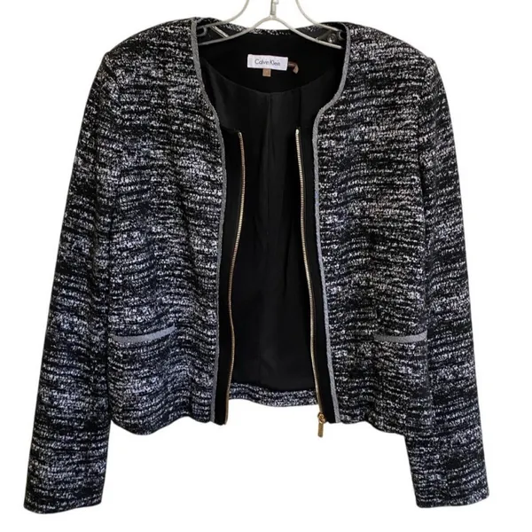 Calvin Klein‎ Black White Full Zip Career Blazer Jacket Womens 8 Classic - Image 3