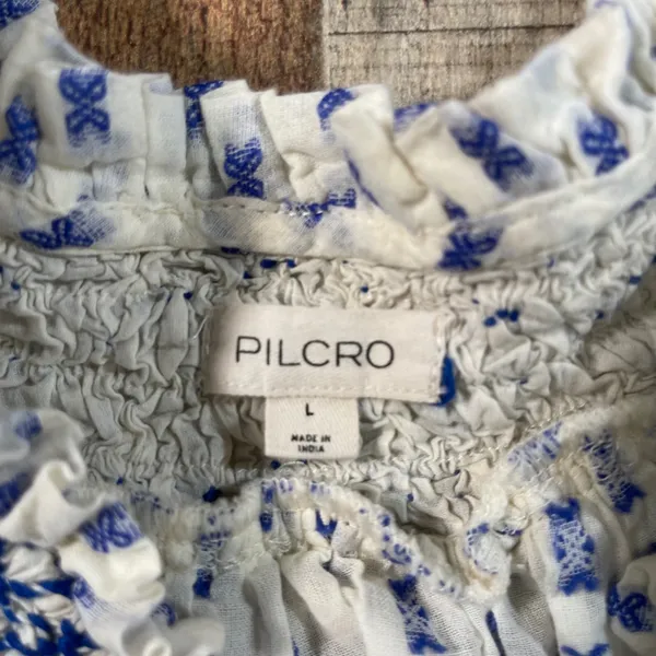 Pilcro Anthropologie Large Blue White Smocked Yoke Tassel Cotton Peasant Blouse - Image 4