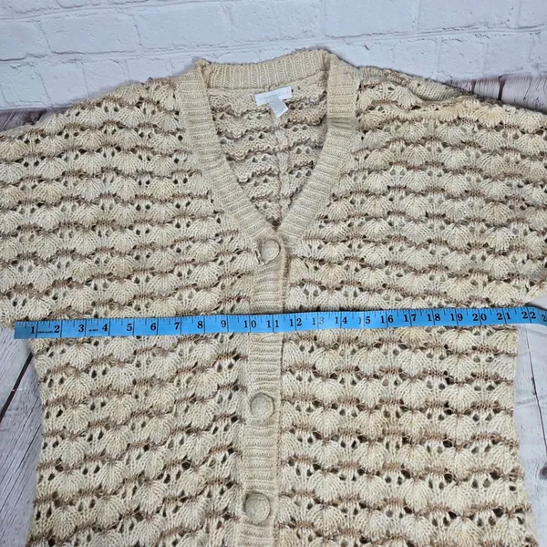 Charter Club Wool Blend Beige Brown Crochet‎ Knit Cardigan Sweater L 3/4 Sleeve - Image 6