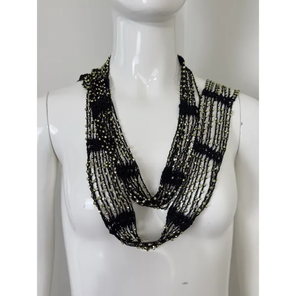Women’s Black Crocheted Gold Bead Fringe Necklace Scarf Belt 72x2 - Image 4