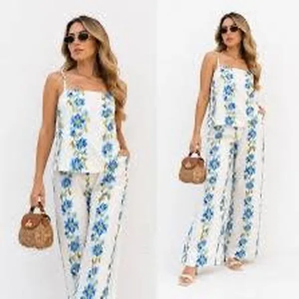HYFVE Floral Two Piece Set Cami Top Wide Leg Pants Blue Yellow White NWT - Image 2