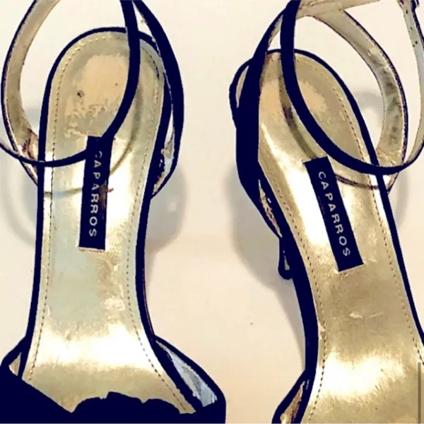 Caparros Black Satin Gold Beaded Rose Ankle Strap Heels 6.5 - Image 4