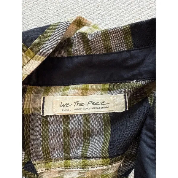 We The Free Ruched Sleeve Fringe Hem Plaid Snap Button Shirt Black Women's Small - Image 3