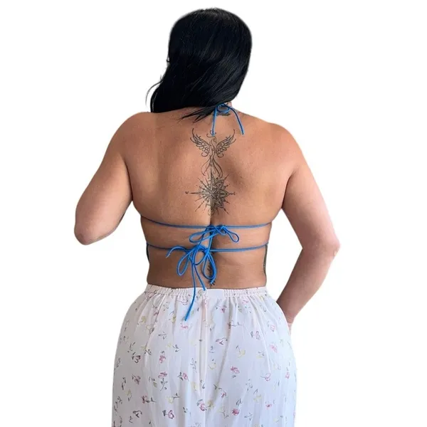 Blue Halter Tie Back Crop Top Y2K Cut Out Festival Clubwear Sexy Open Back - Image 2
