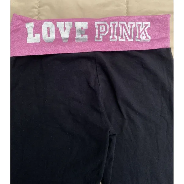 Y2K VS PINK M Foldover Black Flare Leggings Pink Silver Logo Low Rise Vtg - Image 7