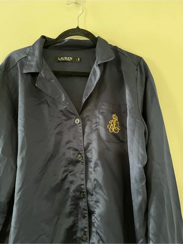Lauren Ralph Lauren Navy Blue Satin Button Up Pajama Top Large Quiet Luxury - Image 3