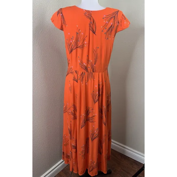 Free People Dress Sz 6 V Neck Orange Red Botanical Long Flutter Cap Sleeve Boho - Image 10