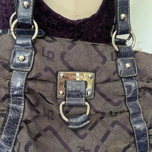 LineaR Fabric Logo Satchel Purse Purple Y2K McBling Croco Double Handle Indie - Image 5