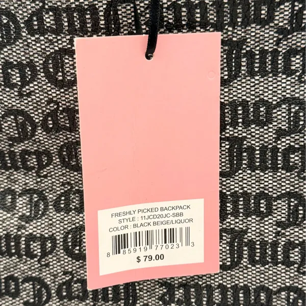 Juicy Couture Freshly Picked Backpack Black Beige Gothic Logo Strawberry Charm - Image 5