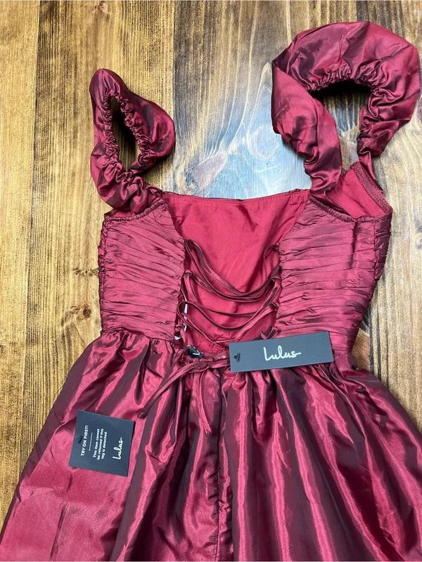 Lulus Poised Passion Wine Red Taffeta Pleated Ruffle Midi Dress Size XS NWT - Image 8