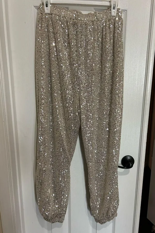 She + Sky Sparkling Sequin Joggers in Beige/Gold Medium - Image 4