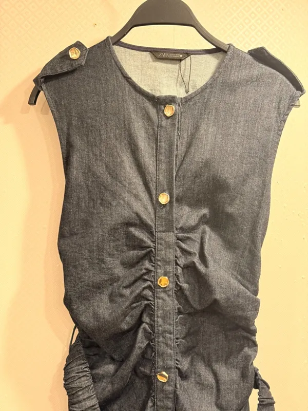 NWOT Zara Navy Blue Denim Button Front Sleeveless Midi Shirt Dress Gold Belt S - Image 10