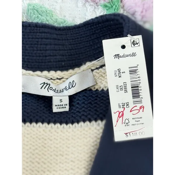Madewell Striped Navy Cream V Neck S Button‎ Front Knit Cardigan Sweater Women - Image 8