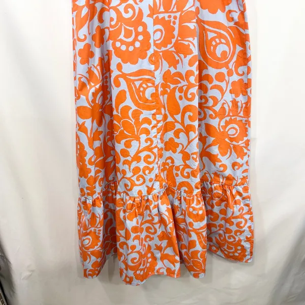 Talbots Size‎ 10 Midi Dress Puff Sleeve Poplin Floral Orange Blue Fit Flare 1526 - Image 10