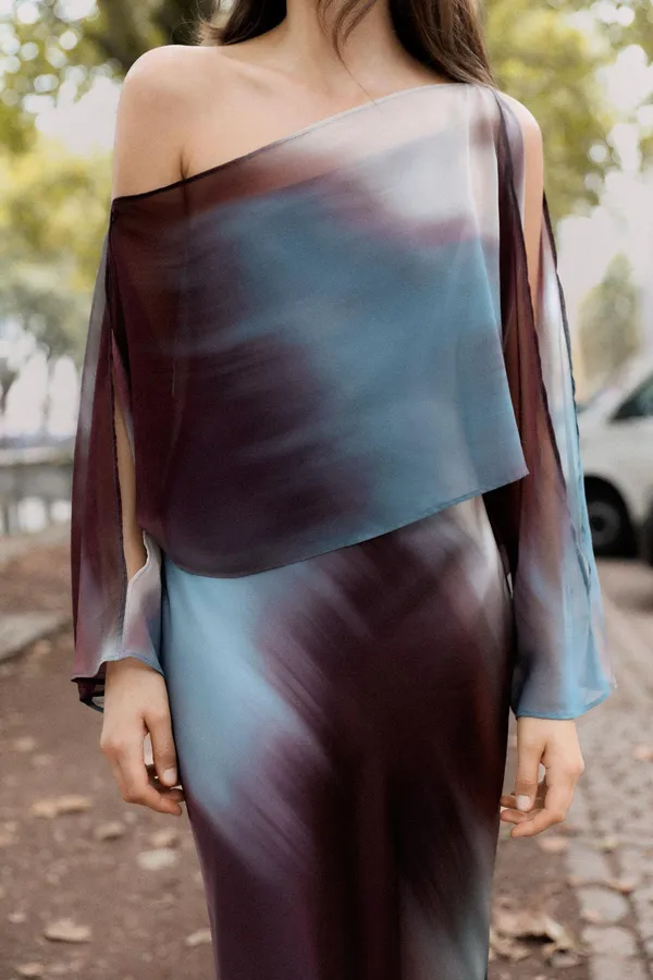 Zara midi dress layered tie dye Multicolor One-Shoulder satin evening wedding - Image 13