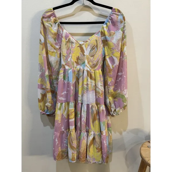 Bohme Colorful Floral Tiered Mini Dress Puff Sleeves Size Small Smocked - Image 2