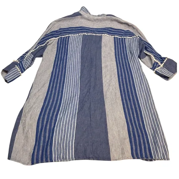 NIC+ZOE Linen Blend Striped Tunic Top Mini Dress Large Blue White Pom Trim - Image 2