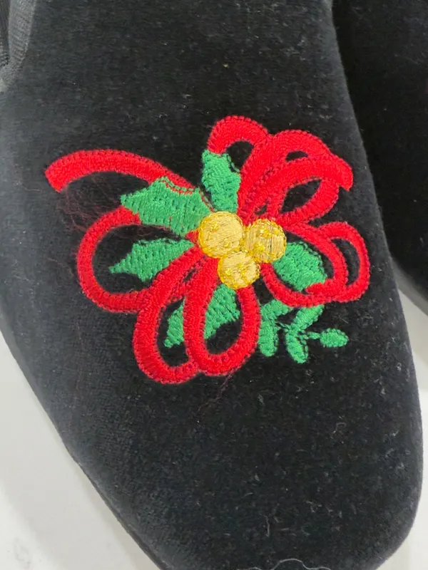 Women's Black Velvet Slip-On Loafers with Red Floral Embroidery - Image 4