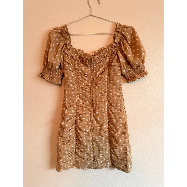 Finders Keepers Mini Dress Womens S Tan Polka Dot Ruched Puff Sleeve‎ Bodycon - Image 6