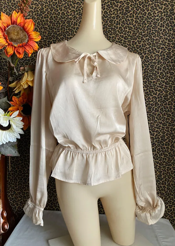 Unique Vintage NWT Champagne Satin Peplum Blouse X-LARGE - Image 6