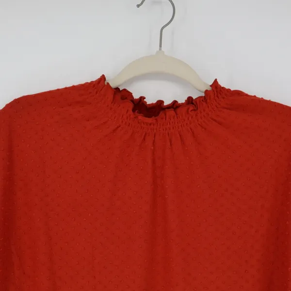 Madewell Women's Ruffle Mock Neck Short Sleeve Clip Dot Top Russet Orange Small - Image 2