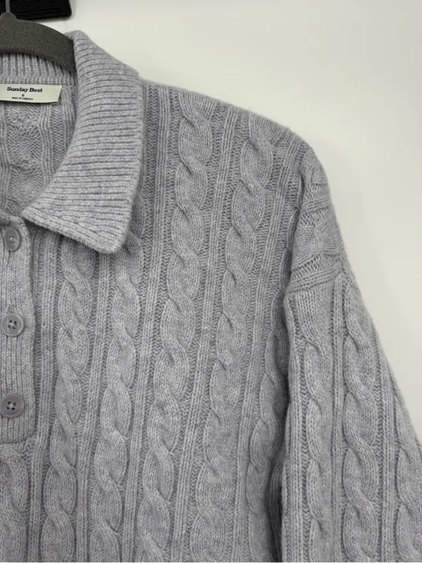 Aritzia Sunday Best Rosebud Polo Sweater S Gray Wool Cable Knit Cropped - Image 5