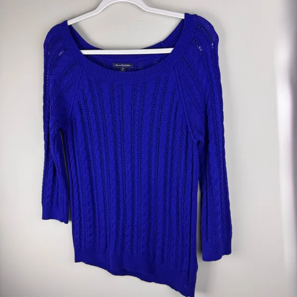 American Eagle Womans Sweater Sz‎ M Pull Over Royal Blue Open Textured Knit - Image 3
